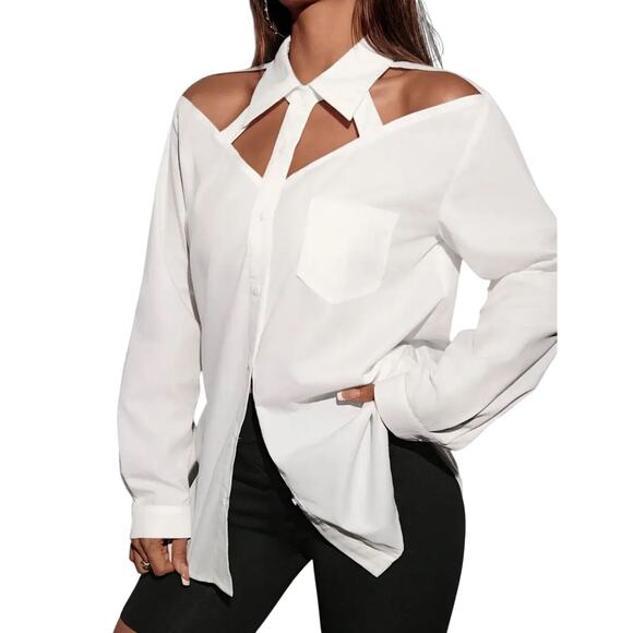 Cold Shoulder Button Up Shirt Long Sleeve Blouse White Oversized Sz S NWOT - Picture 1 of 10